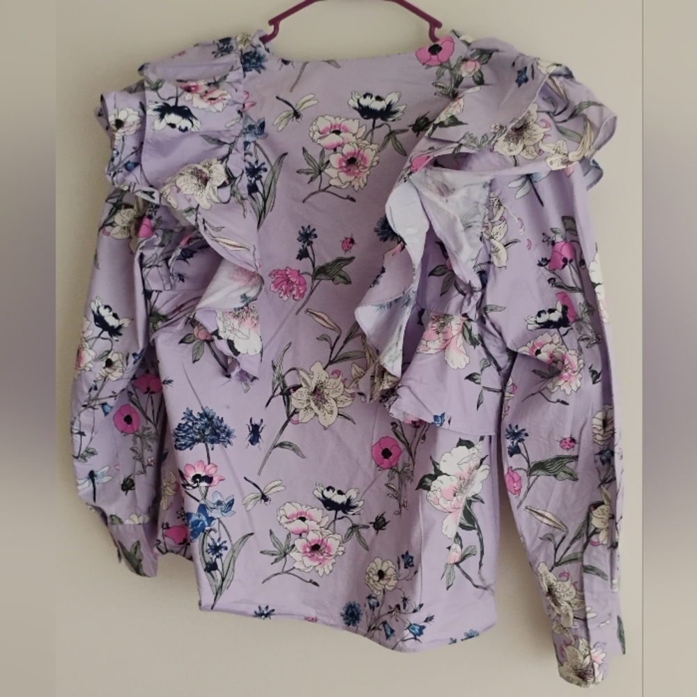 H&M Purple Lilac Pink Floral Bird Botanical Ruffle Balloon Sleeve Top SIZE 14 XL - Picture 7 of 13